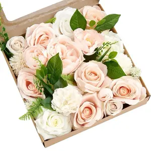 Fake Flowers Combo Silk Mix Roses Peony Hydrangea Gradient Color Flowers w/Stems for DIY Wedding Bouquets Centerpieces Table Decorations Baby Shower Party Home Decor Indoor Outdoor Blush White