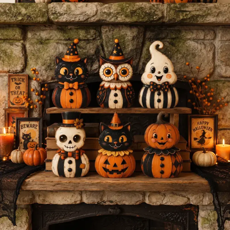 Halloween Wooden Shelf Sitter, Vintage Folk Art Pumpkin Cat Owl Ghost Decor, Rustic Mantel Tabletop Accent, Choose Your Design