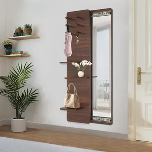 Wall-Mounted Sliding Mirror with Pegboard - Walnut Storage Organizer with Shelves & Hooks for Home