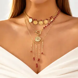 Bohemian Multilayer Handmade Beads Chain Necklaces For Women Red Crystal Beaded OT Buckle Metal Tassel Choker Girl Party Jewelry