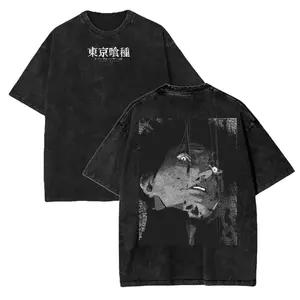 Men's Acid Wash Distressed Oversized Short-Sleeve Top, Tokyo Ghoul Ken Kaneki Vintage Manga Graphic Menswear T-Shirt, Festive Casual Tee