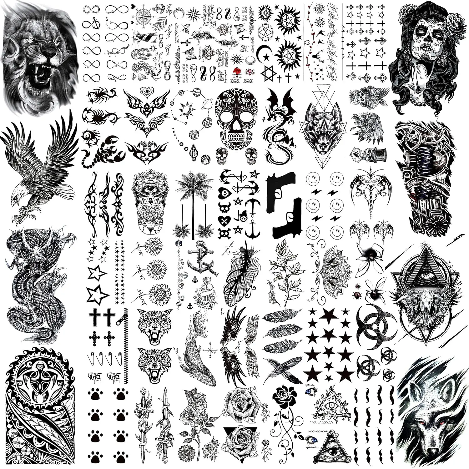50 Sheets Black Temporary Tattoos For Men Adults Ealge Dragon Lion Wolf Animals For Women Neck Arm Thigh, Fake Small Skull Tattoo Sticker For Kids Children Boys Girls Tatoos
