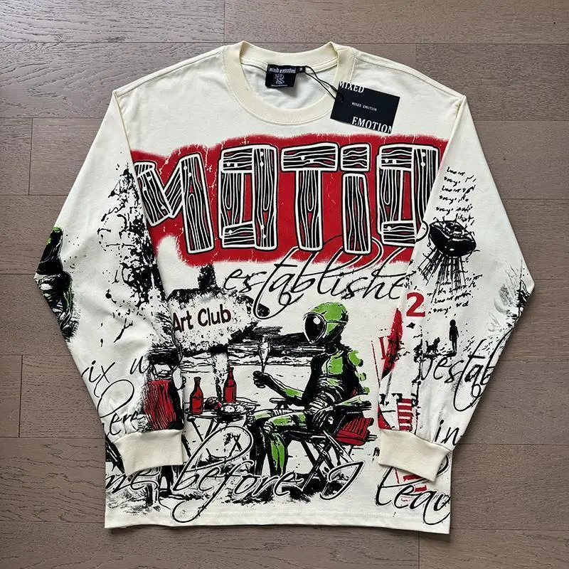 New T-shirt Crewneck Long Sleeve American Retro Loose Graffiti Print Men Women Autumn Fashion Top Tee Sweatshirt New T-shirt Crewneck Long Sleeve American Retro Loose Graffiti Print Men Women Autumn Fashion Top Tee Sweatshirt