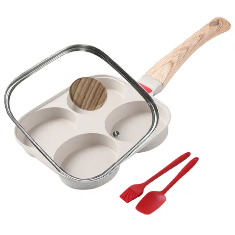 Foorey Home Nonstick 4-Cup 4-Hole Egg Frying Pan with Lid - Aluminum Kitchen Cookware Wok, for Breakfast Eggs & Pancakes, Includes 1 Spatula & 1 Brush, Non Stick Friendly, Heat-Ready Cue, Kids-Friendly, Hand Wash Only