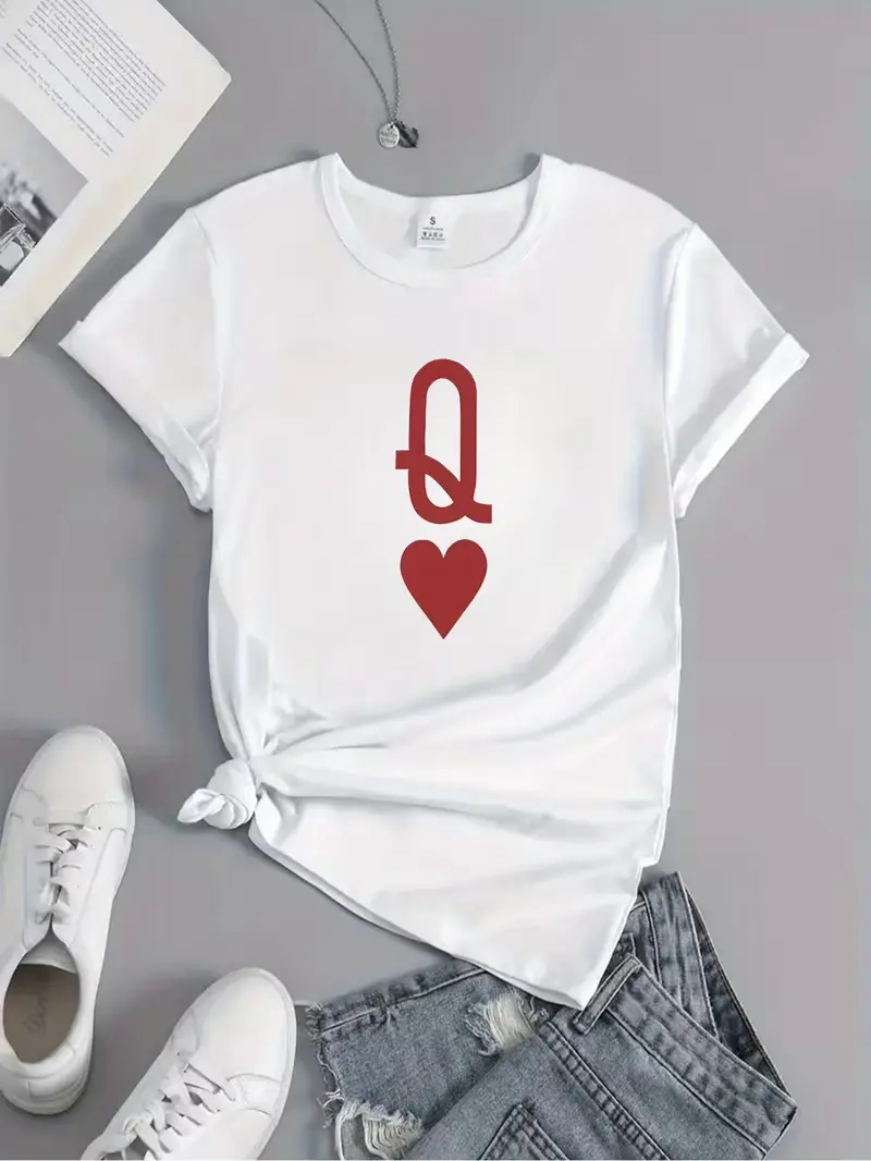Minimalist Red Q Letter Heart T Shirt Simple Queen Love Symbol Valentines Casual White Short Sleeve Women’s Top