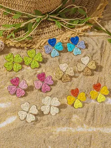 Bohemian Handmade Raffia Flower Earrings, Elegant Colorful Four-Leaf Clover Studs, Perfect for Women Daily Wear, Parties, Weddings