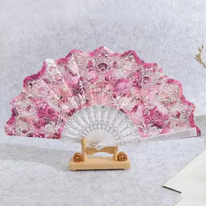 Chinese Ancient Style Gold Foil Embroidered Portable Folding Fan, Beautiful Rose Illustration, Traditional Costume Dance Performance Prop, Hand Fan