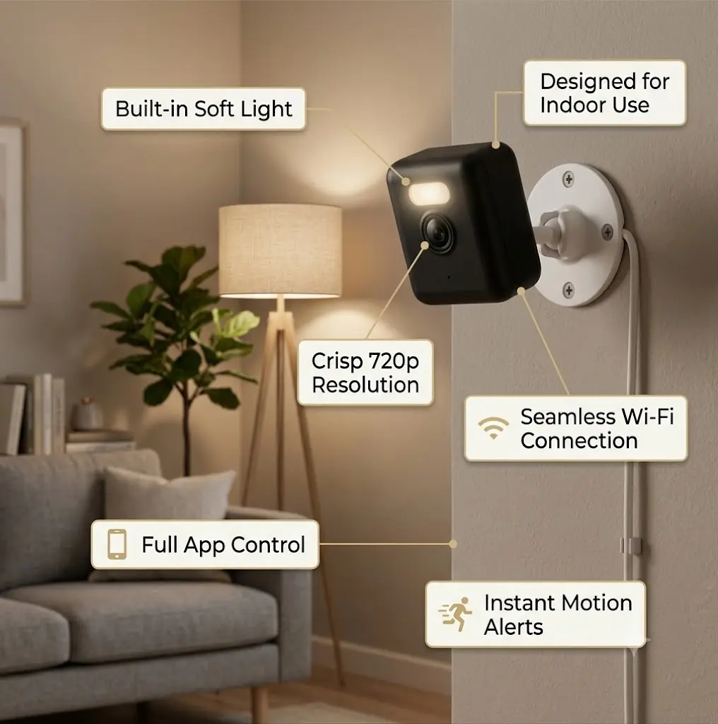 ️ Watch Your Apartment Anywhere! Professional Remote Access WiFi Security Cam - 720P HD, Smart Motion Alerts, Local SD Recording & Colorful Night Light for Solo Home  wireless indoor camera  wireless wifi camera  security gadget