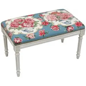 123 Creations C962WBC 100% Wool Peony & Rose Needlepoint Upholstered Solid Wood Bench - Wood Stain Finish, Floral Print, Single Seat