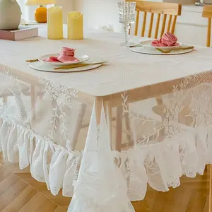 1pc Elegant Lace Hollow Out Tablecloth with Leaf Pattern, Frilly Ruffle Edges, Durable and Easy to Clean, Perfect for Kitchen & Dining Room, Picnic Table Cover