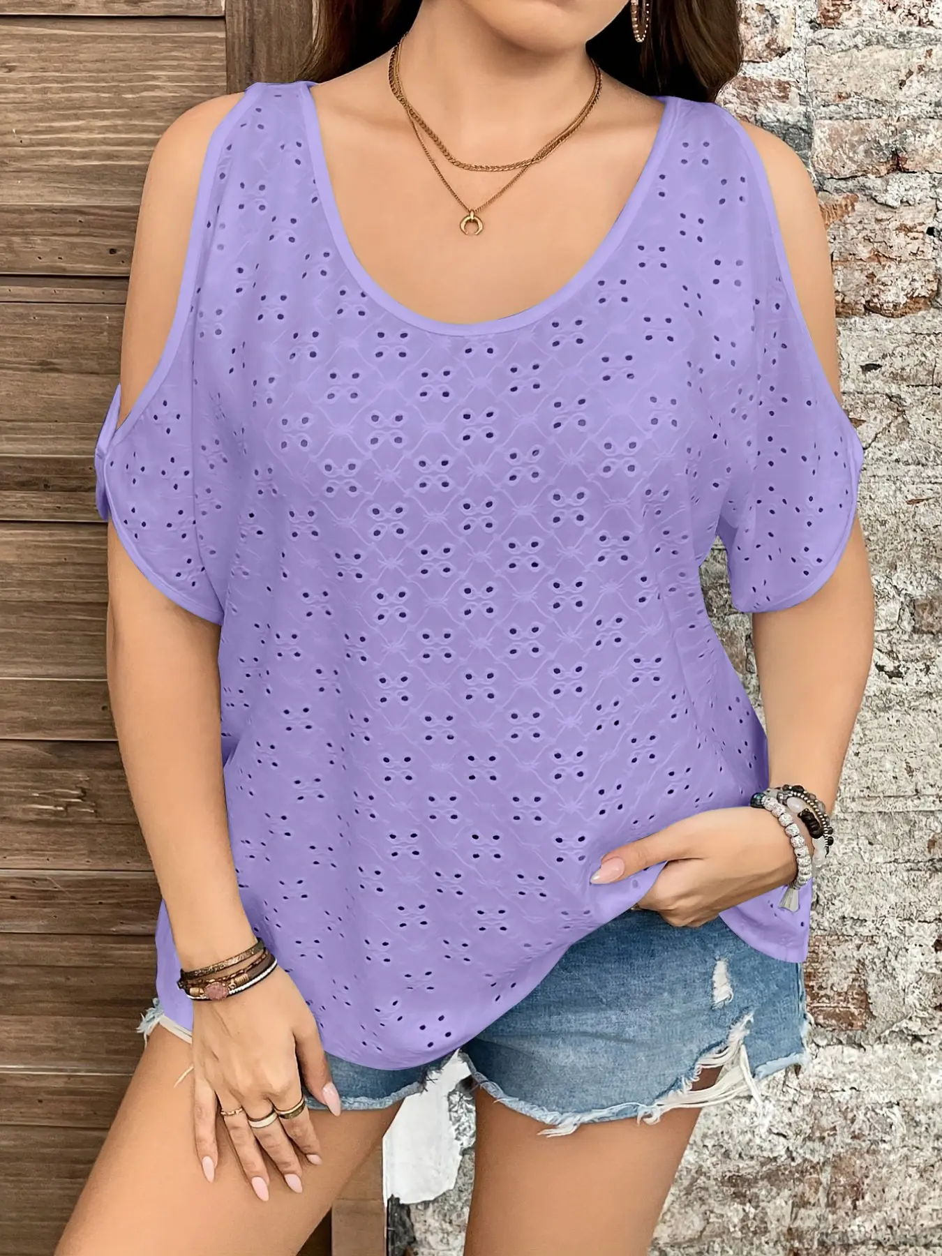 Women's Hollow Out Shoulder Short Sleeve Top, Casual European Style, Loose Fit Slimming Breathable Lightweight Round Neck T-Shirt, Daily Wear Commute Clothing