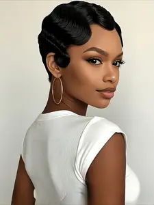 Finger Wave Human Hair Wig Pixie Cut Wig for Women Full Machine Made Wig 150% Density 6 Inch