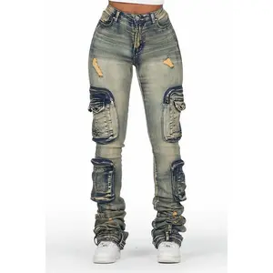 Women's Dark Wash Tinted Cargo Jeans: Super Stacked Silhouette Fabric Streetwear Can be used with a raincoat