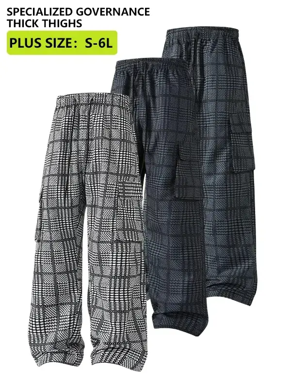 Men's Plus Size Striped Houndstooth Pants with Pockets, Durable Outdoor Training Pants, Suitable for Fishing, Outdoor Activities, Work, Hiking, Camping, Spring and Autumn, Regular Sports Straight Cargo Wide Pants, S-6XL Plus Size