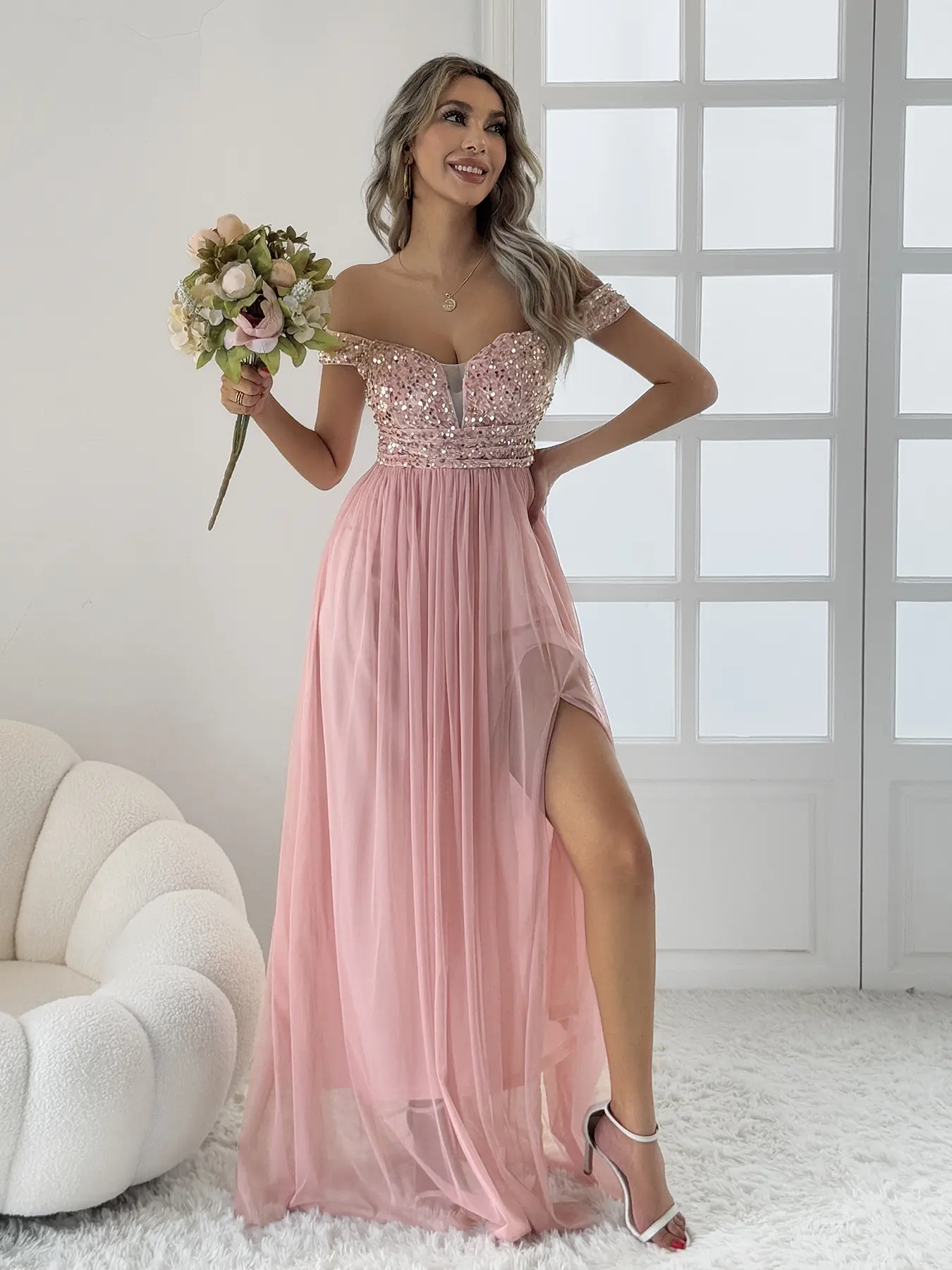 Women's Formal Shining Sequin Gown - Lady's Off-Shoulder Sleeveless Style with Slit, Formal Wear for Evening Party Night Out, Elegance Fit, Size M