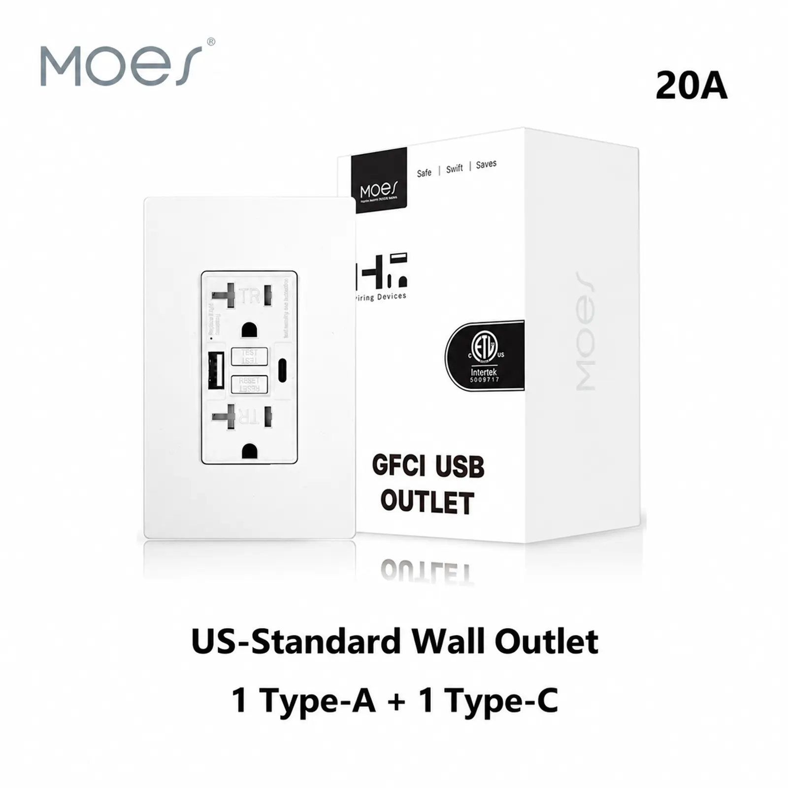 MOES US-Standard Plug Socket with 1 Type-A + 1 Type-C Charging Outlet, 20A Current, Screwless Wall Plate Included, Neutral-Live-Ground Wiring, TR Safety Shutters, True GFCI Protection, Suitable for Kitchens, Garages, Bathrooms, and Bedrooms.