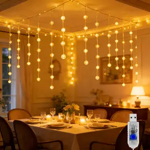 Valentine's Day Curtain Lights, LED String Lights Crystal Ball Curtain Style String Lights, 50 crystal lamp balls USB Power Supply Suitable for Indoor Proposal, Birthdays, Weddings, Party Christmas Holiday Decoration, Decorative Lighting, Cozy Ambiance