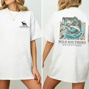 Fishing Bass Shirt, Fishing Camo T-shirt, Simply Printed Graphic Shirt, Daily Casual Cotton Womenswear