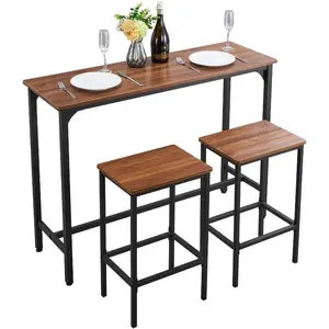 VEVOR Bar Table, 3PCS 47 Bars Tables Set, Bar Tables and Chair Set with Rounded Edge Design, Rectangular Pub Table with Two Stools for Office Desk, Breakfast Corner, Mini Bars, Rustic Brown, Black