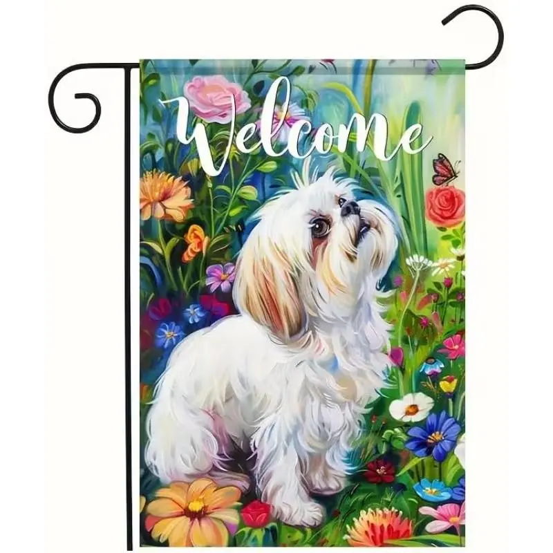 Welcome Shih Tzu Garden Flag Colorful Wildflower Butterfly Summer Dog Yard Decor 2D Flat Print Welcome Shih Tzu Dog Garden Flag Vibrant Wildflower Floral Porch Patio Home Decor, Porch Decor, Yard Decorations Outside, Outdoor  banners