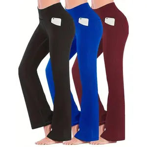 Plus Size Sports Pants Set Women's Solid Wide Waistband Flared Leg Yoga Fitness Trousers With Phone Pockets 3pcs Set Spring Autumn GQ34994 High Stretch Spandex Polyester
