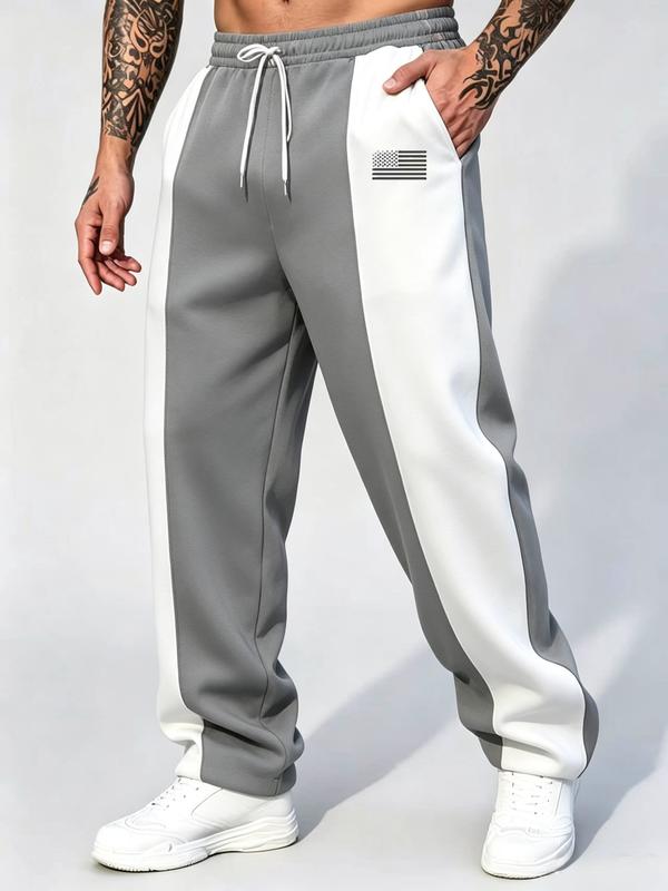 Men Color Block Printed Sweatpants, Drawstring Elastic Waist Loose Straight Leg Casual Sports Trousers