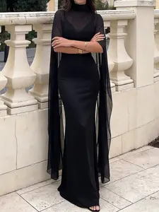 Women's High Neck Formal Evening Gown, Mesh Cape, Mermaid Dress, Elegant Party Wear, Perfect for Special Occasions