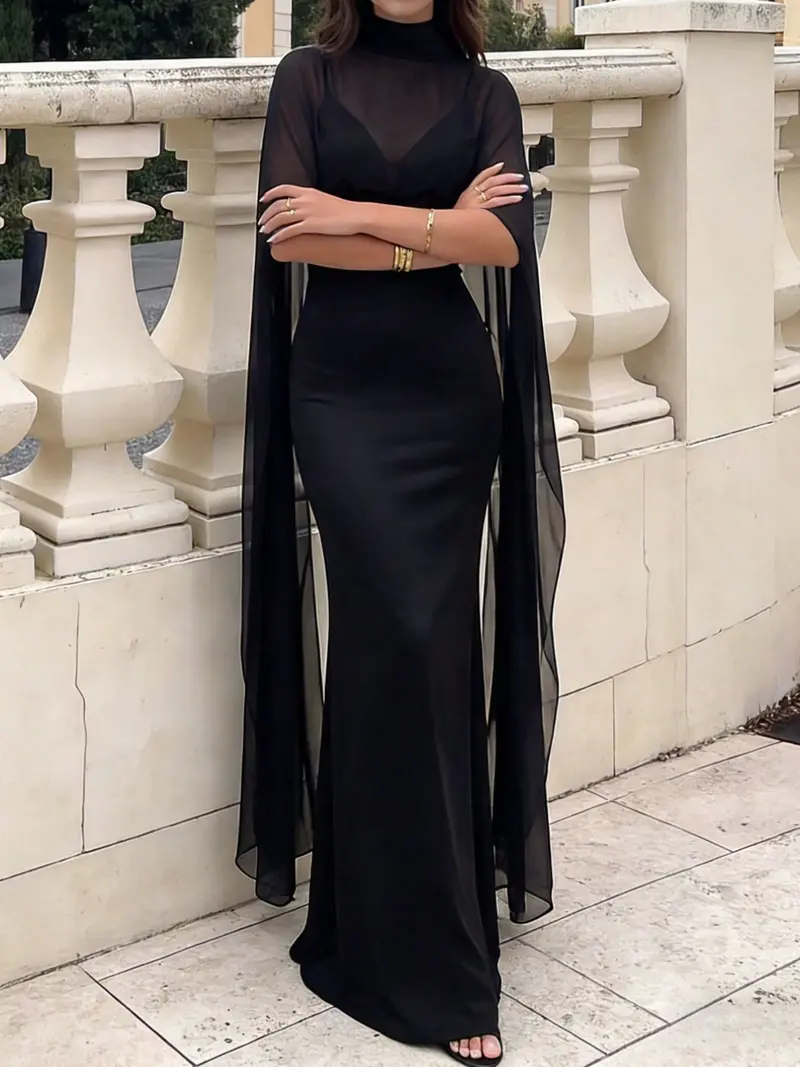 formal sequin mermaid dress High Neck Long Sleeves Pleated Sleek A-Line Mother of Bride Dress – Loveiss main image 1