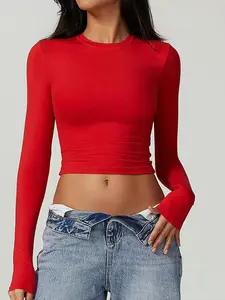 Women's Solid Round Neck Compression Sports Tee, Quick Drying Long Sleeve Crew Neck Crop T-shirt, Yoga Pilates Gym Activewear, Ladies Sportswear for Indoor Outdoor Wear, Valentine's & Birthday & Christmas Gift for Girl, Quick Drying Top