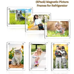 6-Pack Modern Square Magnetic Picture Frames Set, 2.36x3.54in Mini Size Acrylic Double-Sided Fridge Magnet Photo Frames, Kitchen Decor, Mom’s Gift