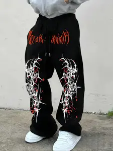 Men's Casual Sports Long Pants with Thorn Pattern Print, Loose-Fitting Drawstring Wide Leg Design for All Seasons, Stylish Athleisure Bottoms, Athleisure Style Bottoms