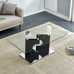 【GOOGREAT】A rectangular modern and fashionable coffee table with tempered glass tabletop and black MDF legs. Suitable for living room.47.2"*25.5"*18".Modern Simple Style Rectangular Coffee Table.