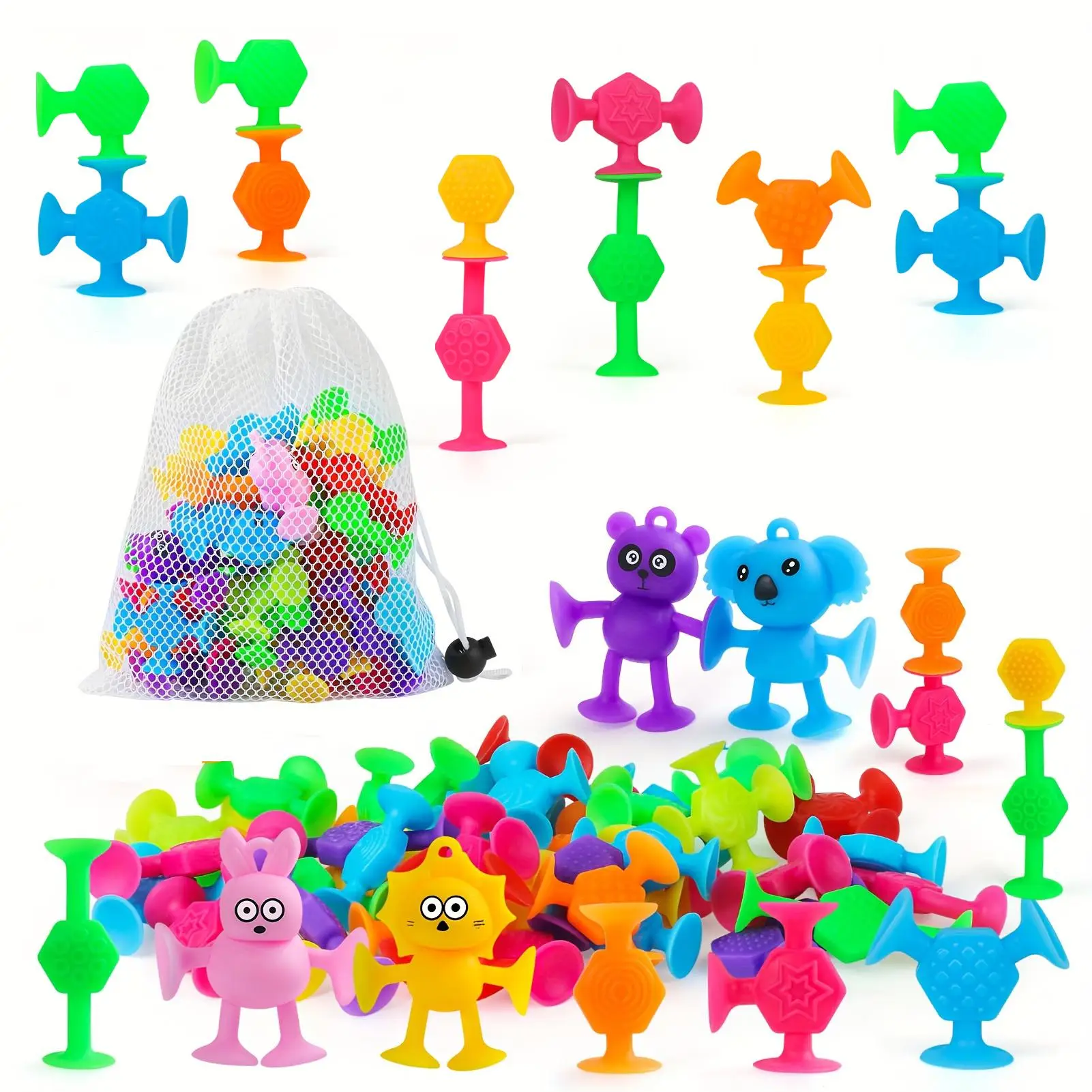 Silicone Animal Design Suction Cup Toy, 40pcs/set Cute Suction Toy with Mesh Drawstring Storage Bag, Fun Bathing Toy Soft Silicone Building Toy, Senso