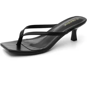 Women's Square Toe Kitten Heel Thong Flip Flop Sandals Comfortable Summer 2 Inch Heeled Sandals