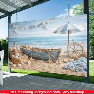 Summer Beach Photography Backdrop Nautical Ocean Seaside Theme Party Decor Coastal Boat Sand Starfish Sun Umbrella Background Prop Baby Shower Birthday Portrait Banner Studio Photo Booth Ship Wheel Lantern Vacation Aesthetic