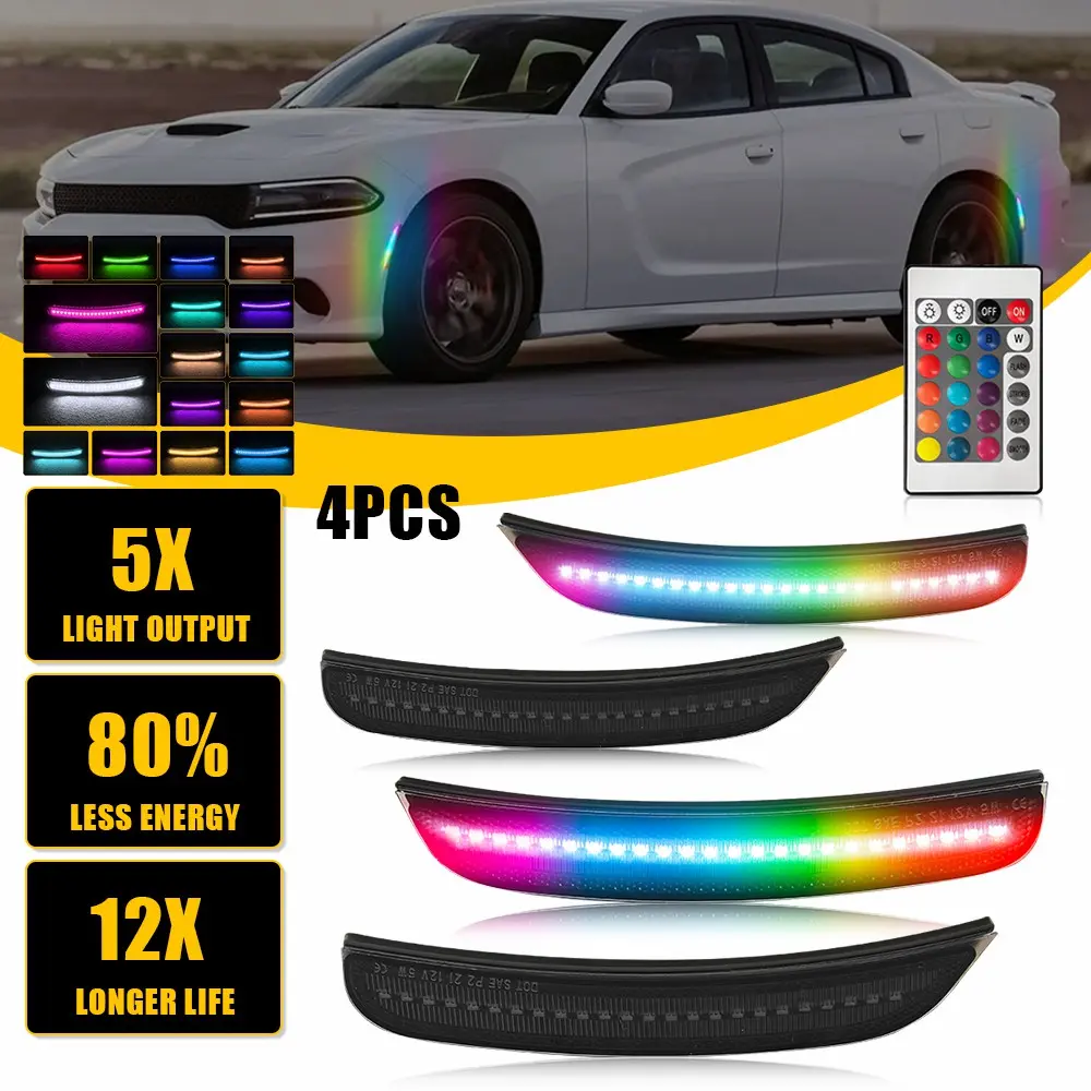 For Dodge Charger 2015-2023 RGB Smoked Front Rear Fender LED Side Marker Light