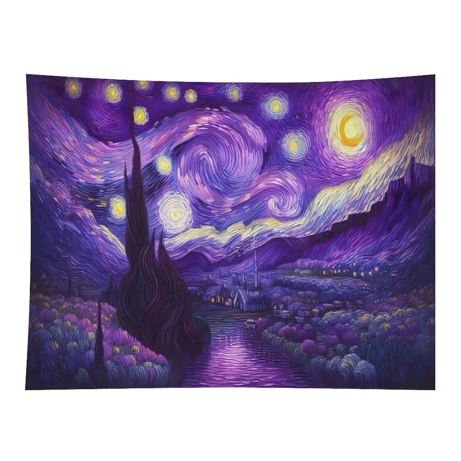 Purple Starry Night Tapestry Van Gogh Inspired Wall Hanging, Dreamy Galaxy Landscape Tapestry for Bedroom Living Room Decor