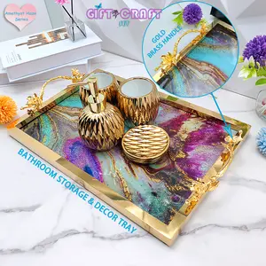 New Designer Gold Glass Tray Party Gift with Copper Handle for Souvenir Festive Gift Crafts party Supplies, Home Decor Tray, Serving Tray, Perfume Jewelry Storage Tray for bath bedroom living rom dining room dresser Kitchen Countertop Tabletop Wedding