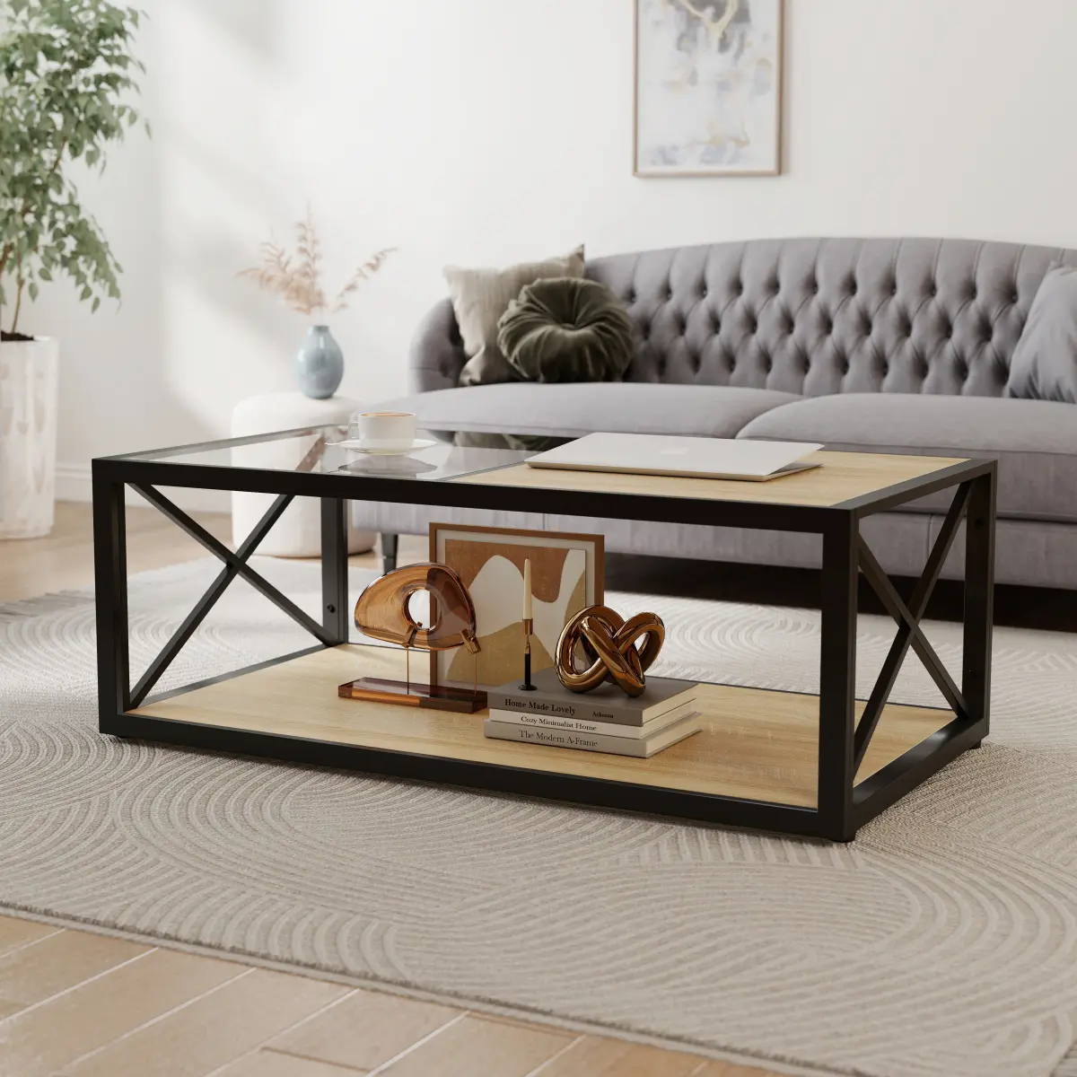 [Bellemave] Modern Industrial Coffee Table, 39.37" 2-Tier Coffee Table with Tempered Glass & Wood Top, Black Metal Frame