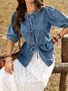 Women's Vintage Denim Waistcoat Doll Shirt Blouse, Bubble Sleeve Tie Front Button-Up, Summer Drawstring Waist Casual Denim Top, Womenswear Style Aesthetic