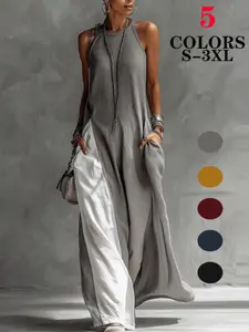 Summer 2026 Customer Favorite Women's Off Shoulder Dress Sleeveless Color Block Loose Fit Casual Dress With Pockets Oversized Breathable Lightweight Beach Travel Resort Dress