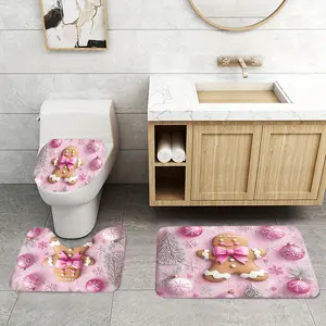 Gingerbread Man Print Bathroom Rug Set, Soft Flannel Material, Non-Slip Bath Mats, Toilet Lid Cover, U-Shaped Mat, Holiday Decorations