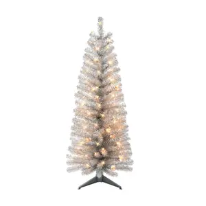 Puleo 4.5' Pre-Lit Silver Tinsel Tree