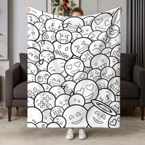 Soft Warm Anime-Themed Coloring Blanket Suitable For & - Fillable Pages With Funny Faces & Expressions, Cozy Bedspread For Bed Cover, Machine Washable Gift For Christmas, Birthdays, Camping - Durable Polyester Bedspread 280GSM