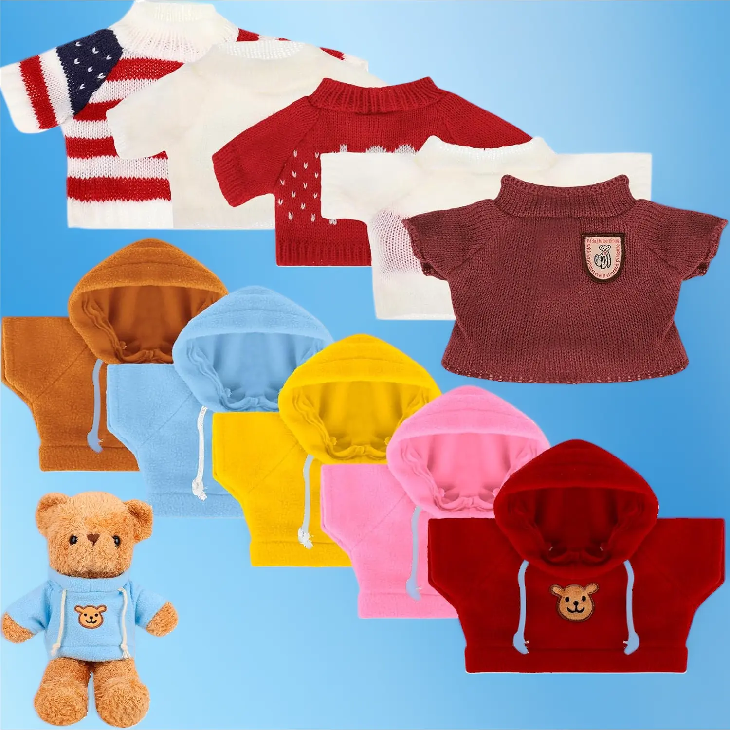10 Pcs Bear Clothes Set – Hoodie & Tee for 14-18 Inch Bears, Includes Cute Glasses, Hat & Kawaii Accessories – DIY Plush Doll Sweater Outfit