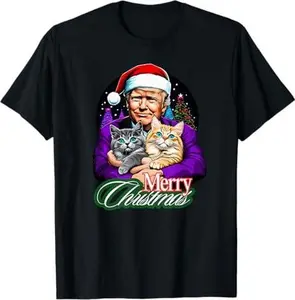 Trump Merry Christmas Festive Funny Fluffy Cat T-Shirt