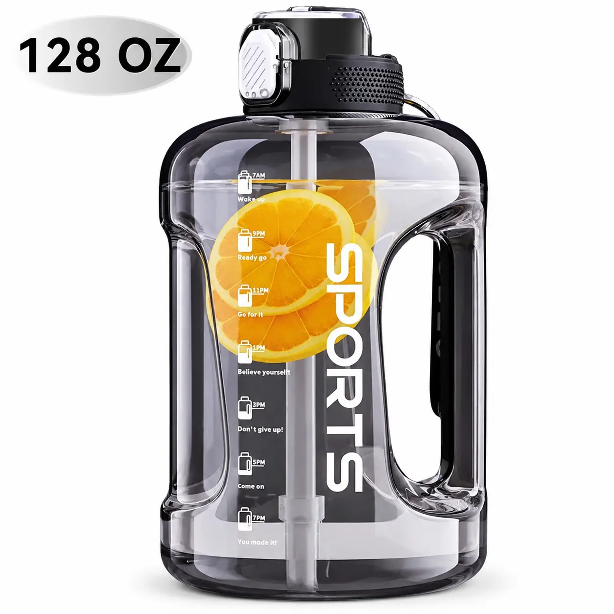 128 oz (3.8 L, 1 Gal) Motivational Time-Marked Reusable Water Bottle with Straw - BPA-Free, Leak-Proof, Portable, Lightweight, Detachable for Gym Stuff, Hydration Challenge, Office
