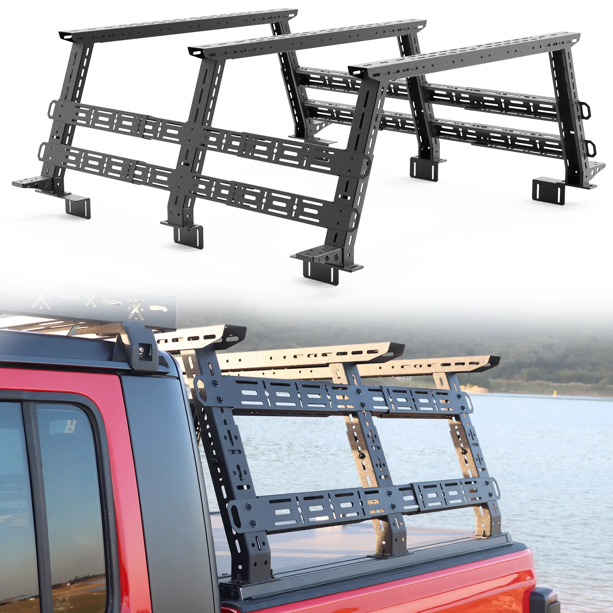 MONOKING Adjustable Carbon Steel Full-Size Universal Truck Bed Rack (16in-25in High) with 4 MOLLE Panels, Compatible with F150 F250 F350 Raptor Lightning, Silverado, GMC Sierra, Ram 1500 2500 3500, Tundra, Titan for Daily Use