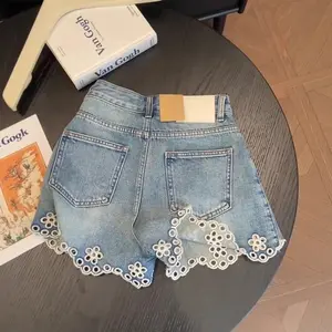 Women Ruffled Embroidery Denim Shorts Solid-color A-line Wide-leg Hot Pants Dressy Casual Clothes Spring Summer Trendy Outfits