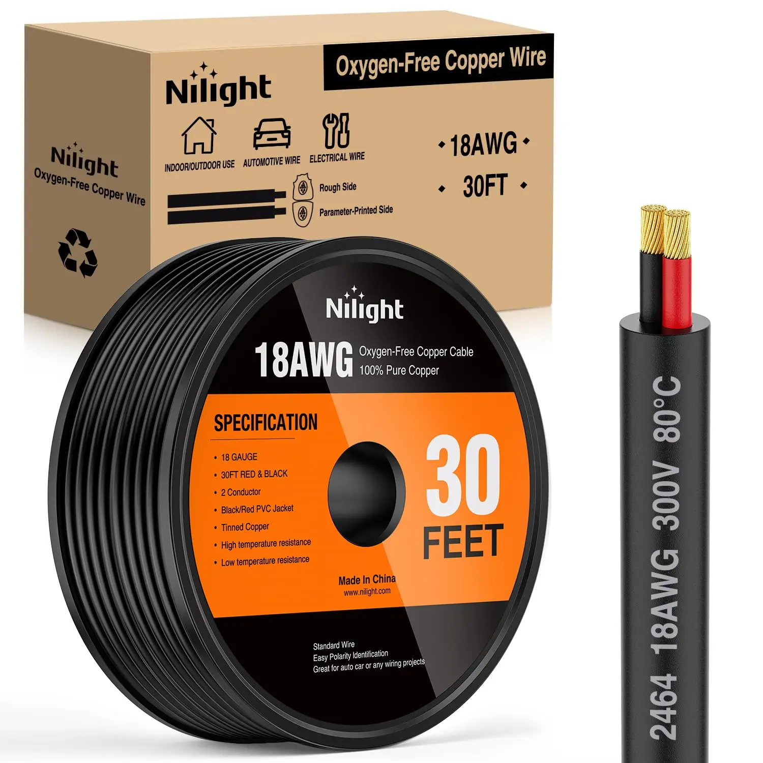 Nilight 18AWG-30ft Oxygen-Free Copper Electrical Wire, Flexible Cuttable Red-Black 2-Conductor Parallel PVC-Jacketed Cord, Anti-Oxidation High/Better Conductivity 300V DC Extension for LED Strips, Automotive Use, Direct Burial, High Conductivity